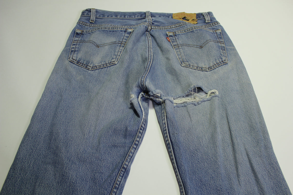 Levis 501 Heavily Distressed Button Fly Vintage 90's Denim Grunge Punk Red Tab Blue Jeans