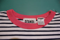 Gitano White Black Striped Pink Collar Women's 80's Short Sleeve Top