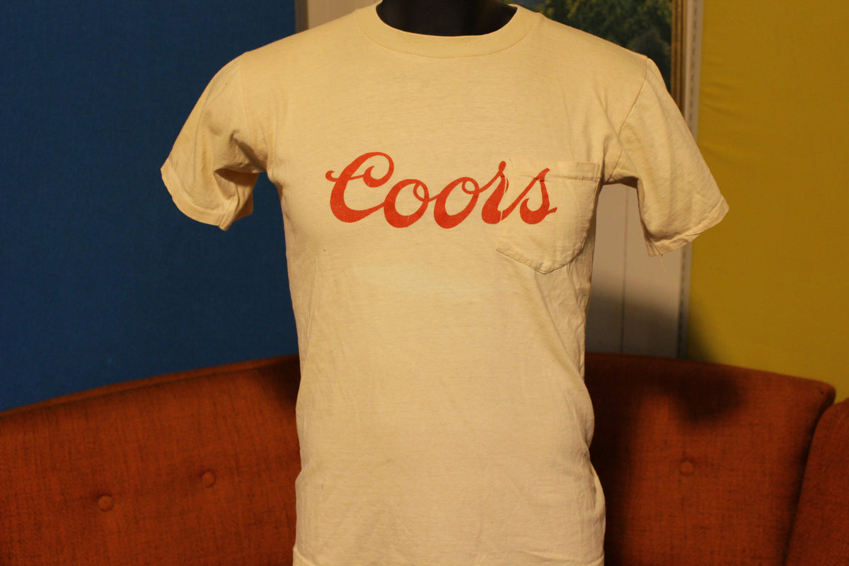 Coors Vintage 70's Beer Pocket T-Shirt.  Thin faded and tight.