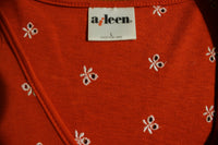Red White Flower Embroidered Vintage Aileen Shirt. V-Neck Short Sleeve 70's 80's