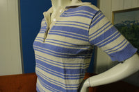 70's Striped 100% Cotton Vintage Short Sleeve Women's Polo Shirt.  Knit Blue and White.