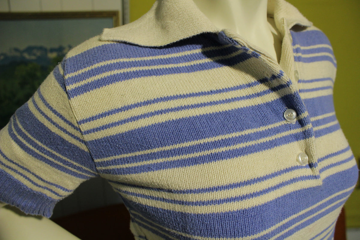 70's Striped 100% Cotton Vintage Short Sleeve Women's Polo Shirt.  Knit Blue and White.