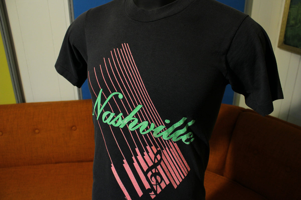 Nashville Vintage Screen Stars Tee.  Fluorescent Hot Pink Green Music City T-Shirt.