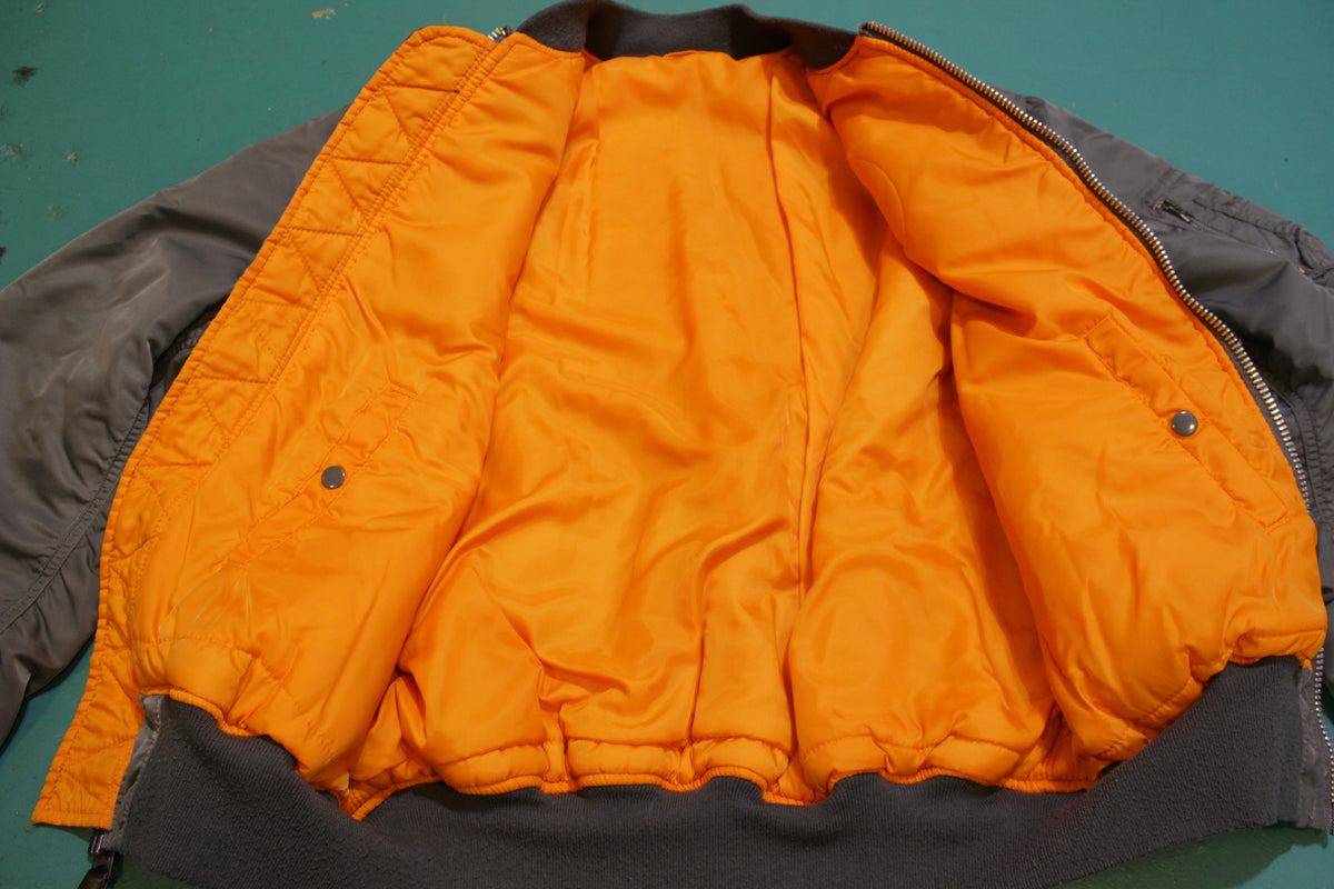 Alpha Industries Vtg MA-1 Flight Bomber Jacket Official Grey Orange USA Made Coat