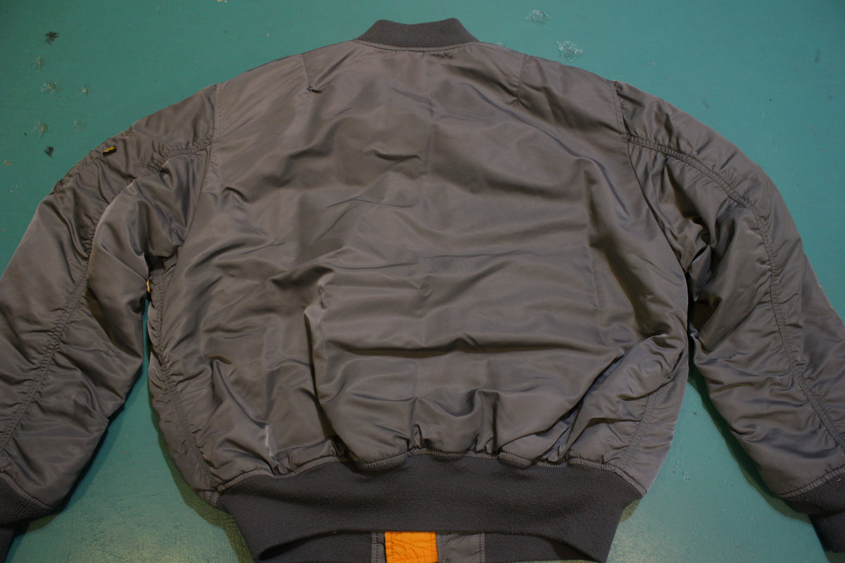 Alpha Industries Vtg MA-1 Flight Bomber Jacket Official Grey Orange USA Made Coat