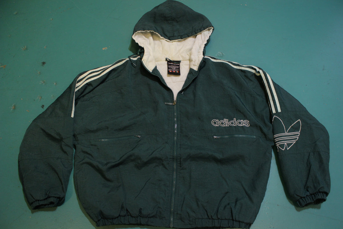 Adidas Green and White Vintage 90's Colorblock Trefoil Logo Puffy Hoodie Jacket