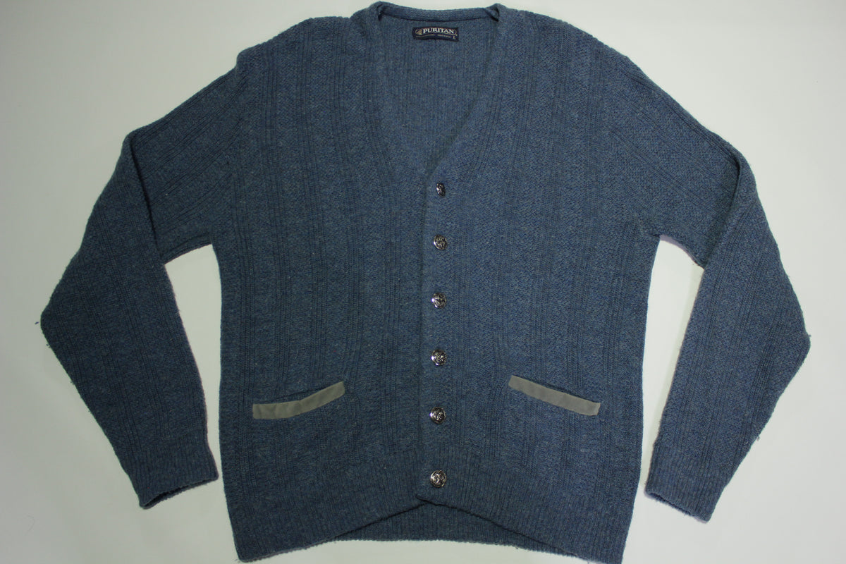 Puritan USA Vintage 1980's Fireplace Winter Wool Blend Suede Pocket Cardigan Sweater