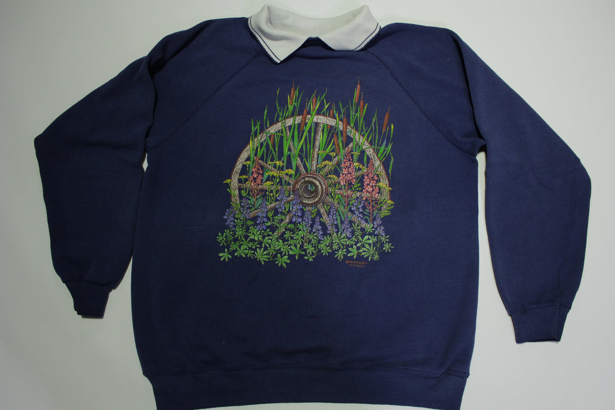Morning Sun Wagon Wheel Cat Tail Field Vintage 80's Collared Grandma's Sweatshirt