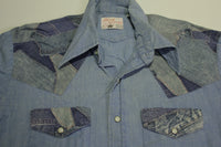 Block Buster Vintage 70's Chambray Denim Patchwork Hippie Pearl Snap Button Up Shirt