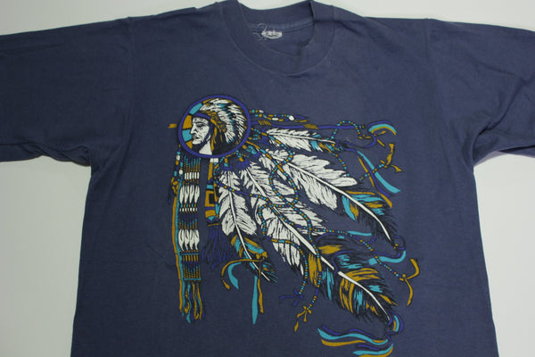 Tribal Native American Indian Vintage 90's Feather Headdress Single Stitch T-Shirt