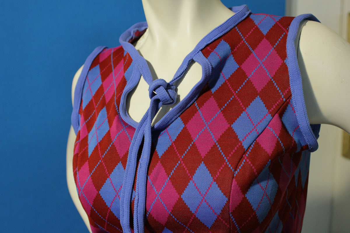 Argyle Handmade Homemade 60's Sleeveless Women's Top W/ Neck Tie. Purple Blue.