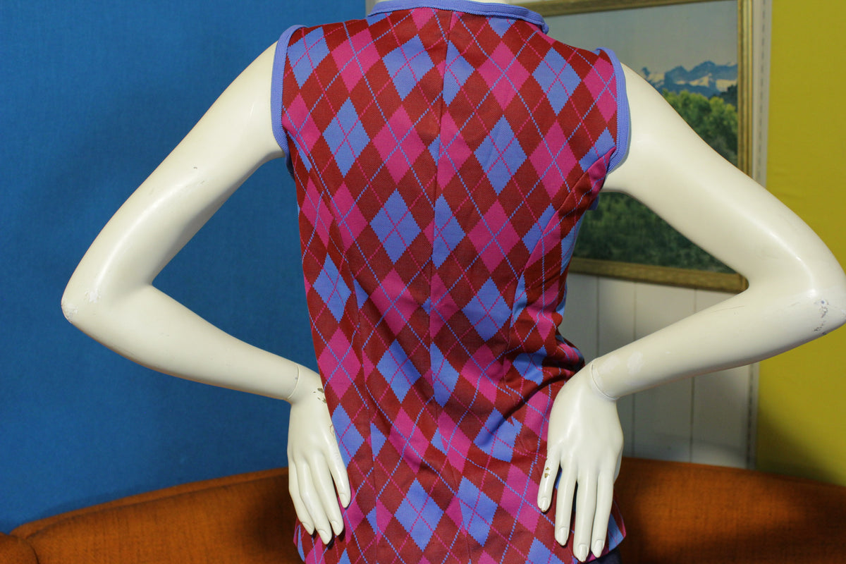 Argyle Handmade Homemade 60's Sleeveless Women's Top W/ Neck Tie. Purple Blue.