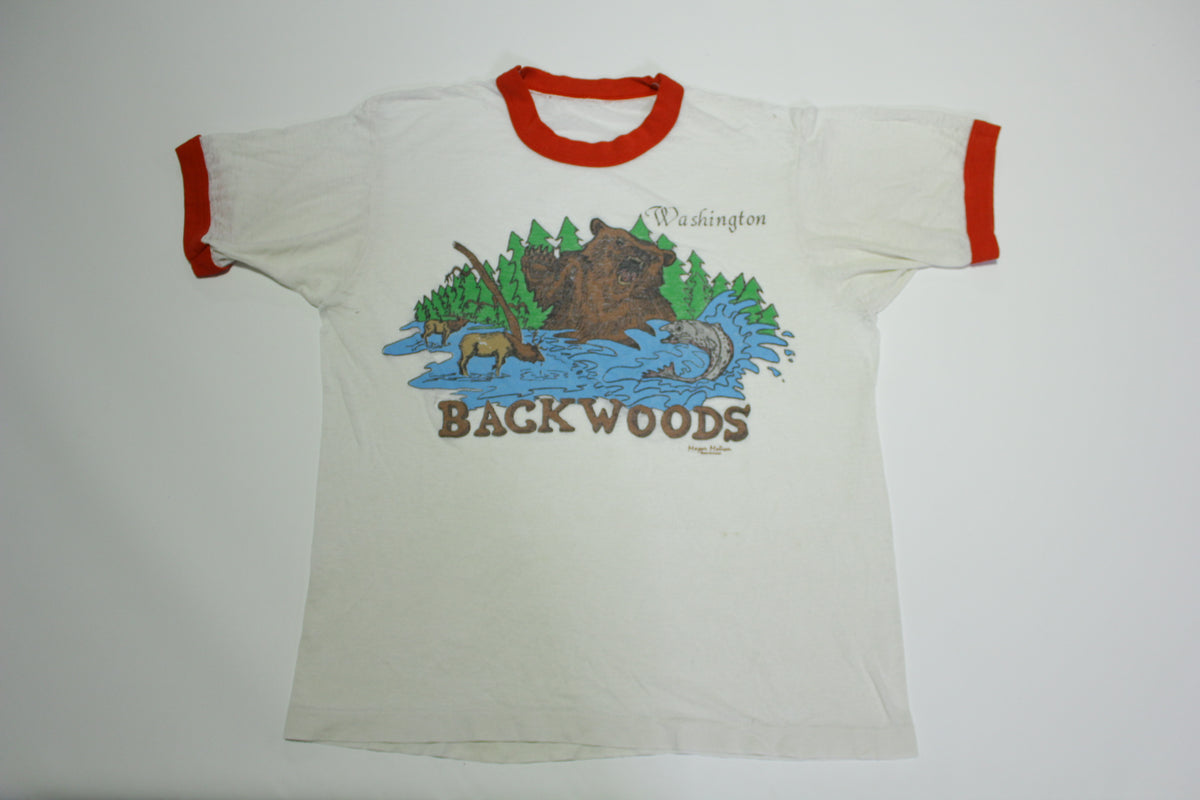 Backwoods Washington Paper Thin Bear Moose Salmon Vintage 80's Ringer T-Shirt