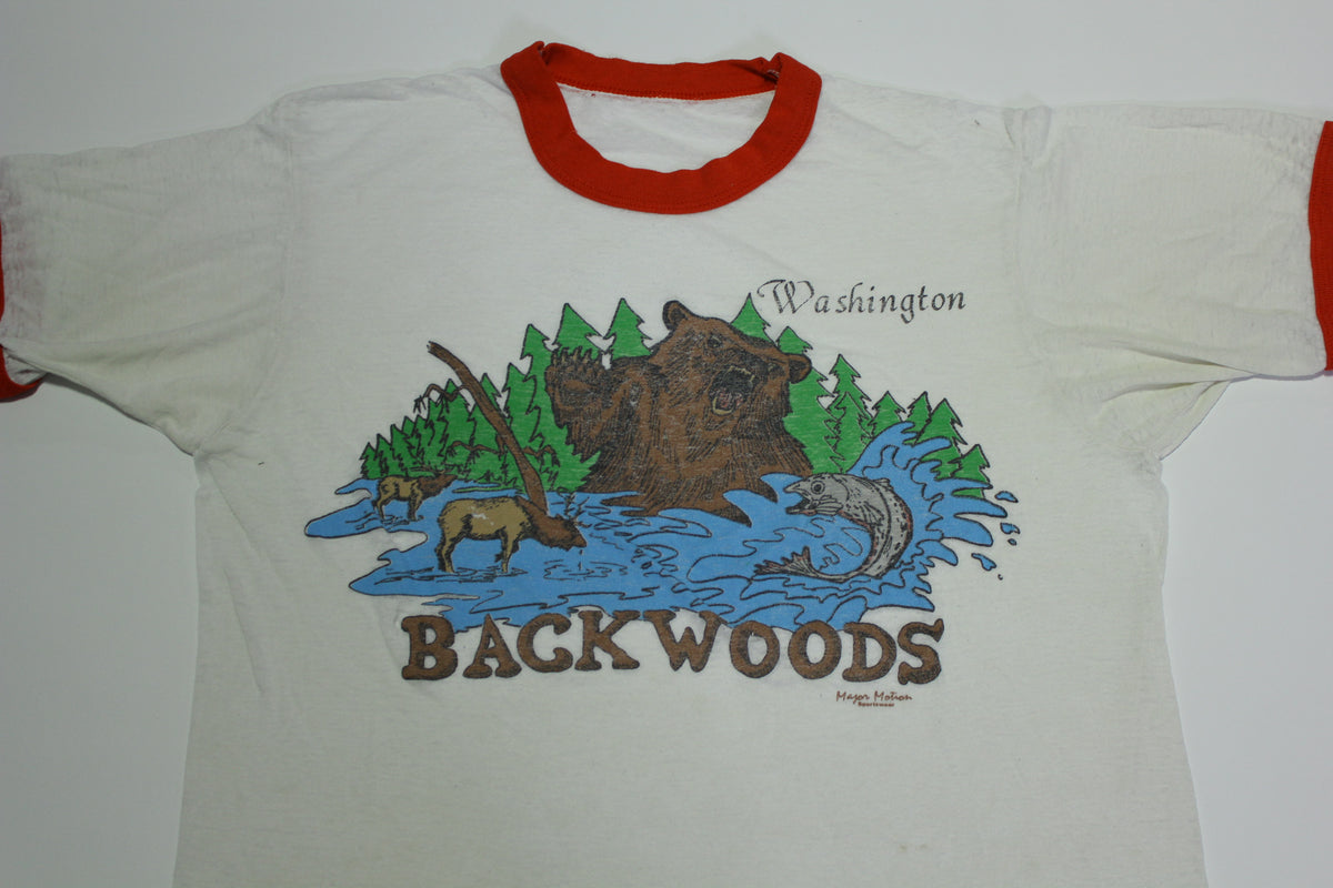 Backwoods Washington Paper Thin Bear Moose Salmon Vintage 80's Ringer T-Shirt