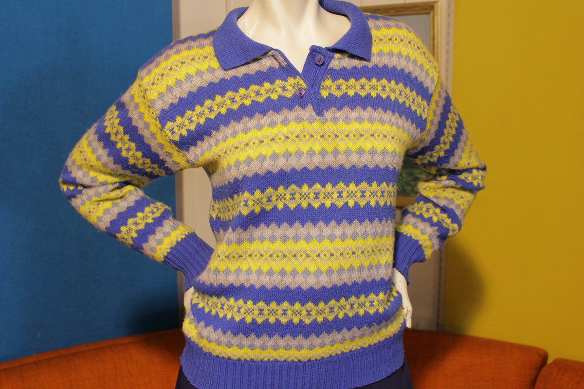 Vintage 70's Blue Yellow Polo Knit Sweater. Striped Women's Long Sleeve Top.