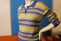 Vintage 70's Blue Yellow Polo Knit Sweater. Striped Women's Long Sleeve Top.