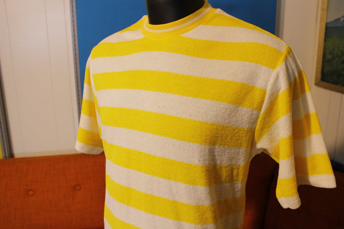 Puritan 70's Terry Cloth Yellow Striped T-Shirt. Vintage Tee Size Medium