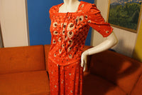 70's Vintage Red Leaf Fitted Dress. Short Sleeve With Draw Strap. Size XS