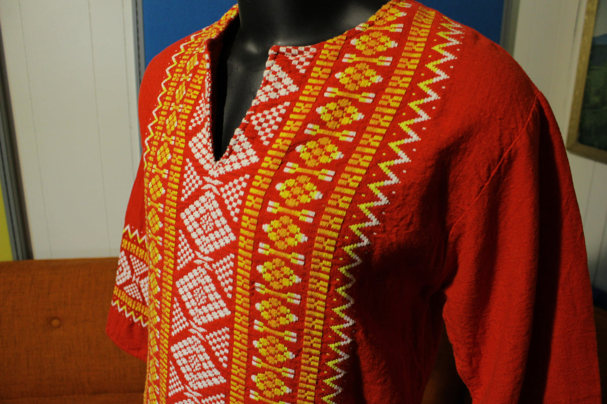 Indian Embroider Thread Caftan Tunic Shirt Dress Men Women Ethnic Vtg Dashiki
