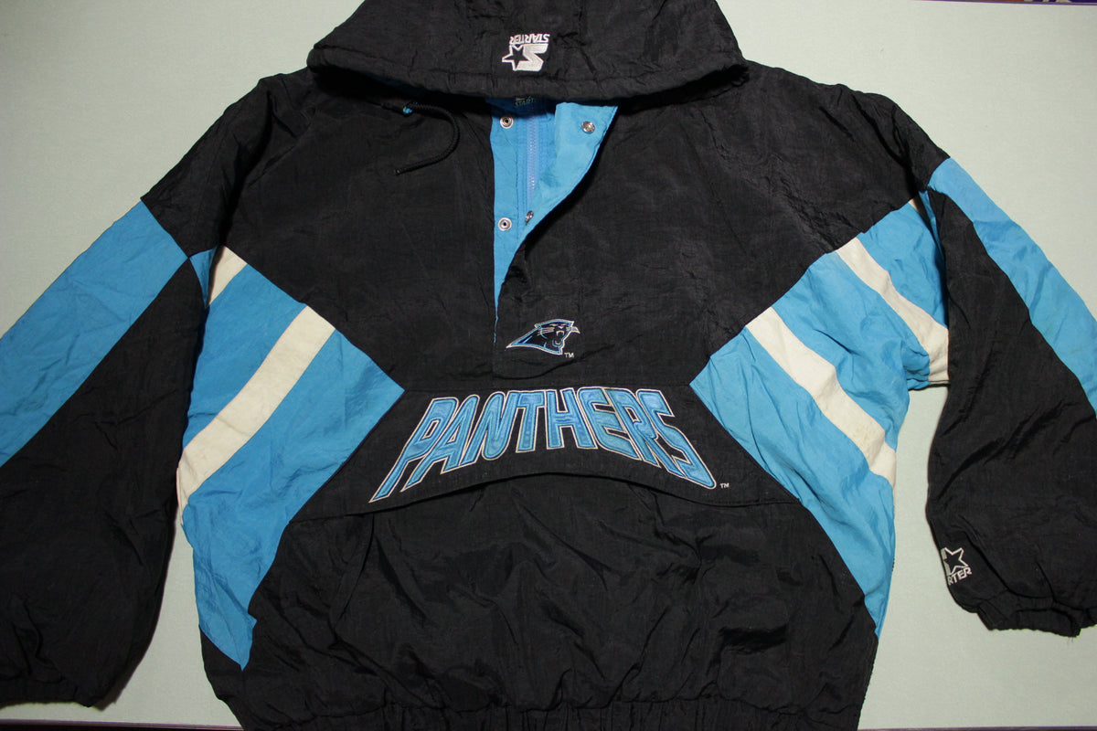 Carolina Panthers Big Logo Vintage 90's Black Blue Starter Pullover Hoodie Jacket Center Pouch