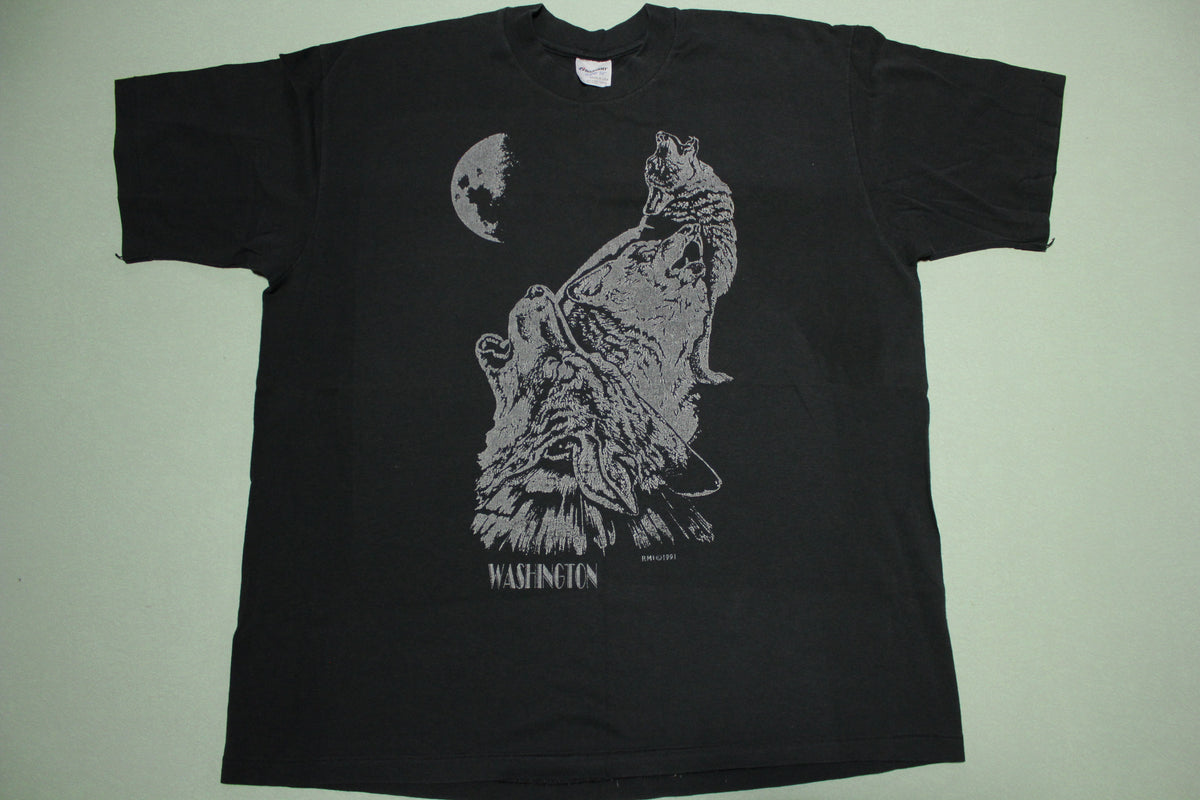 Washington Vintage 1991 Howling Wolves Sick 90's Faded Black Single Stitch T-Shirt