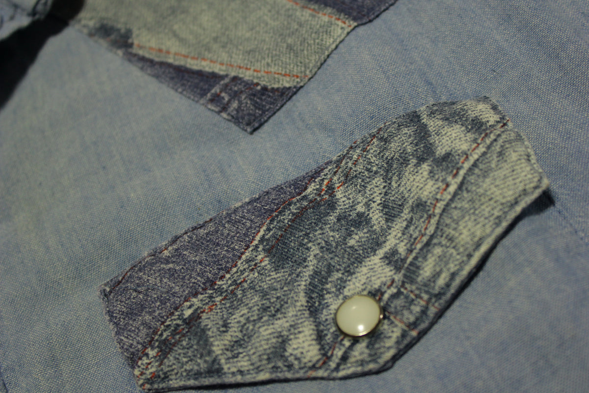 Block Buster Vintage Pearl Snap Western Denim Patchwork Chambray 70's Button Up Shirt