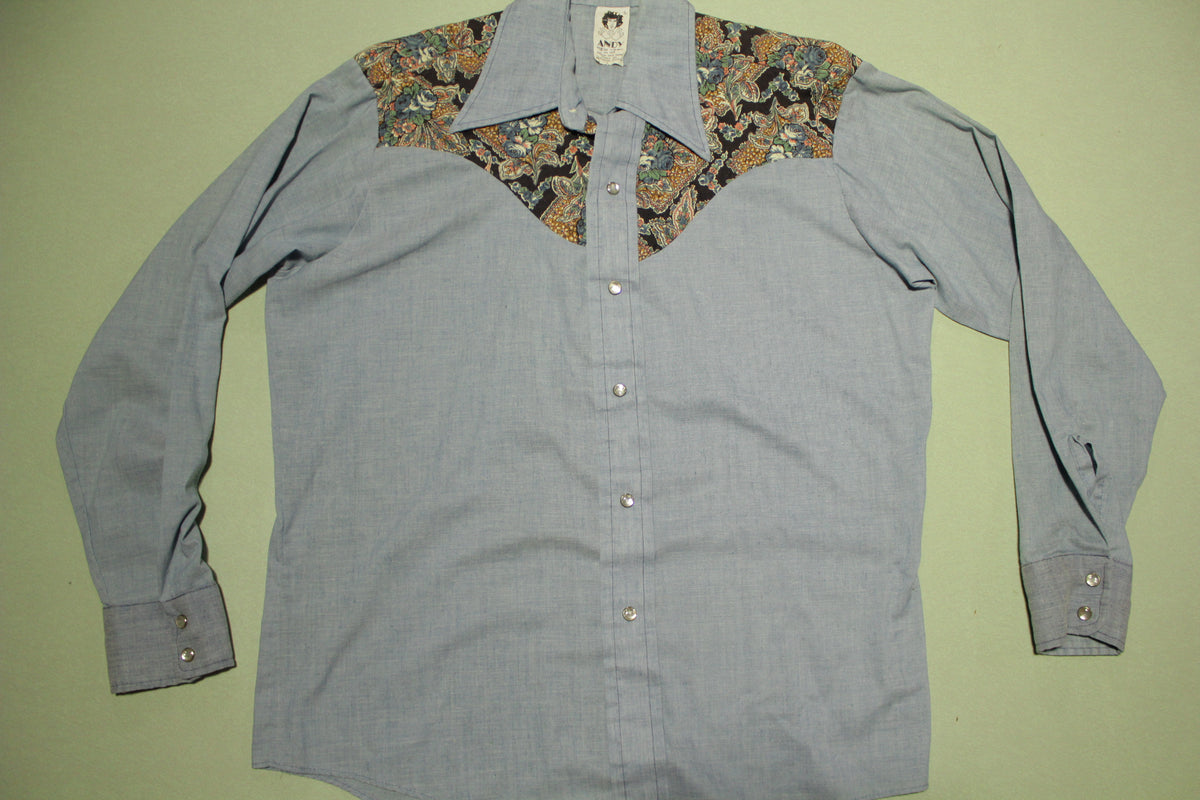 Andy Kaufman Vintage Pearl Snap Western Floral Patchwork Chambray 70's Button Up Shirt