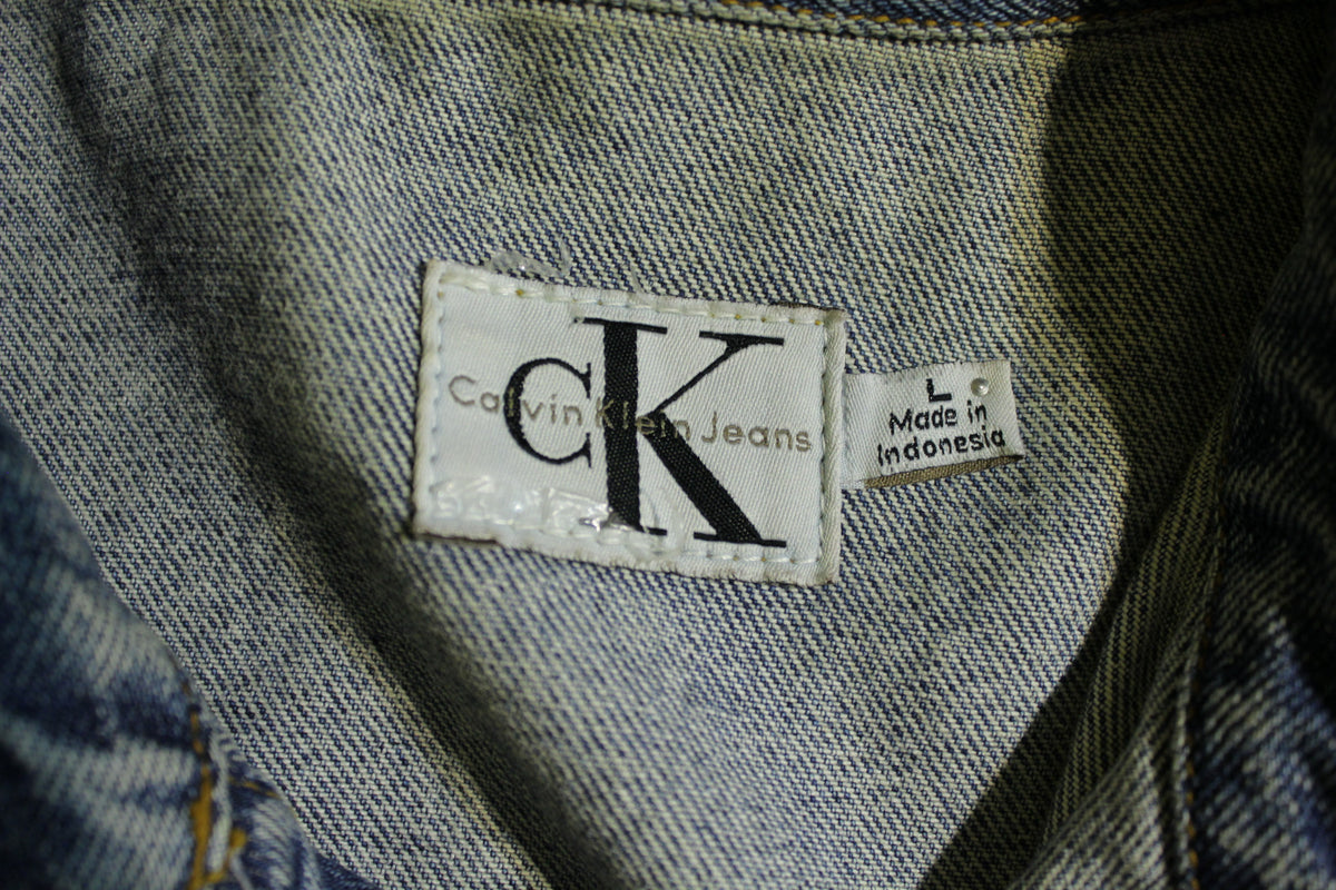 CALVIN KLEIN Vintage Denim Trucker Blue Jacket CK Logo Barn Coat