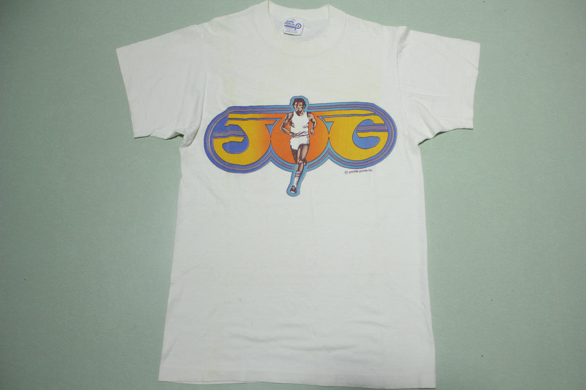 JOG Vintage 80's Jogging Marathon Run Prefontaine Lond Distance Profile Prints T-Shirt