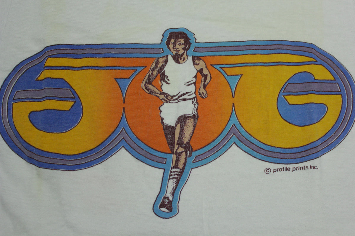JOG Vintage 80's Jogging Marathon Run Prefontaine Lond Distance Profile Prints T-Shirt