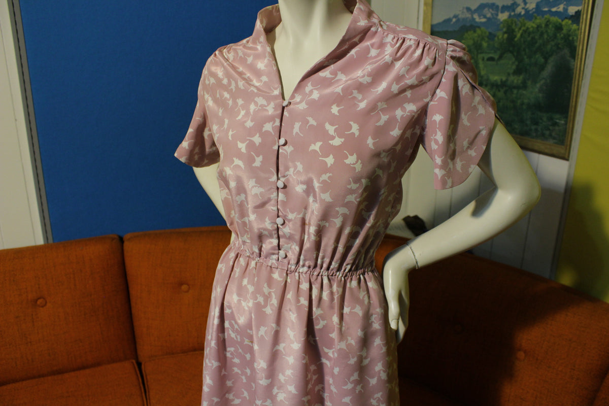 80's Leaf Print Pink Fitted Waist Dress. Cute