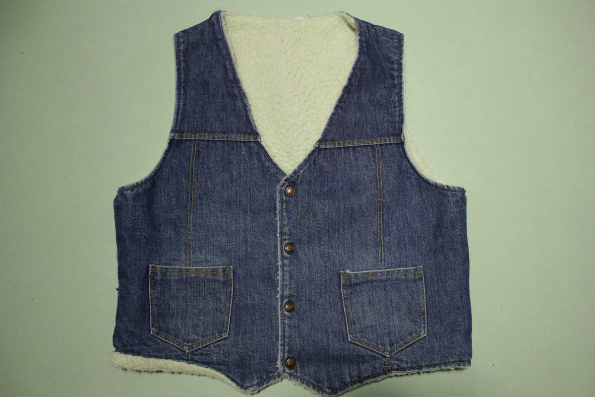 Sears Penneys Vintage 70's Sherpa Wool Lined Denim Jean Jacket Vest