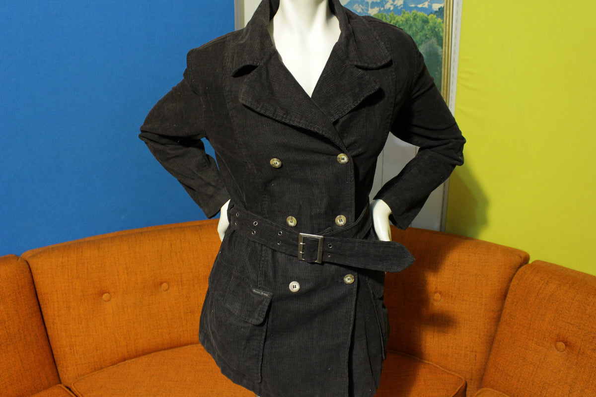 Guess Jeans Vintage Black Corduroy PeaCoat. Belt 80's 90's Women's USA Jacket.