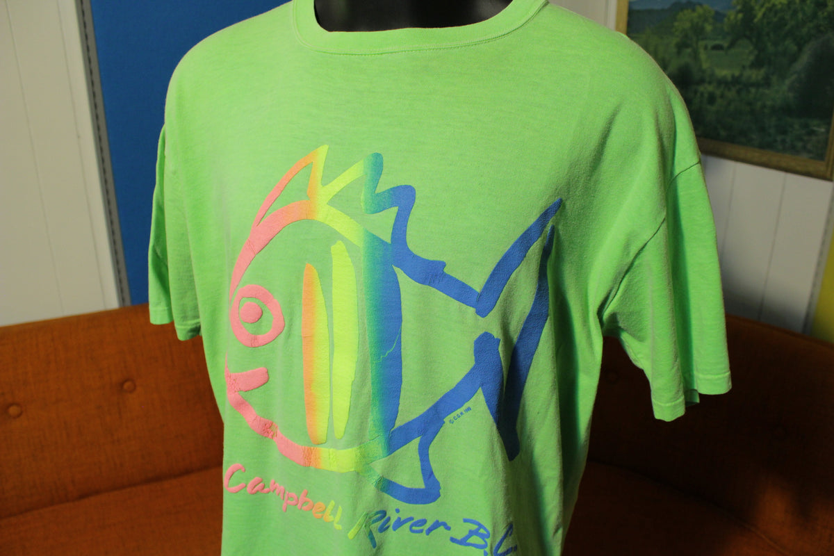 Waves Actionwear Campbell River BC 1989 Vintage Neon T-Shirt. XL TEE
