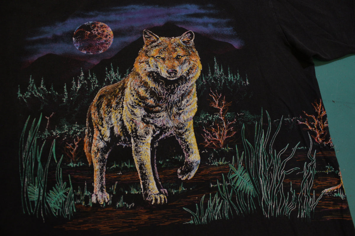 Wolf Giant Moon Forest 80's Single Stitch Vintage Wrap Around T-Shirt