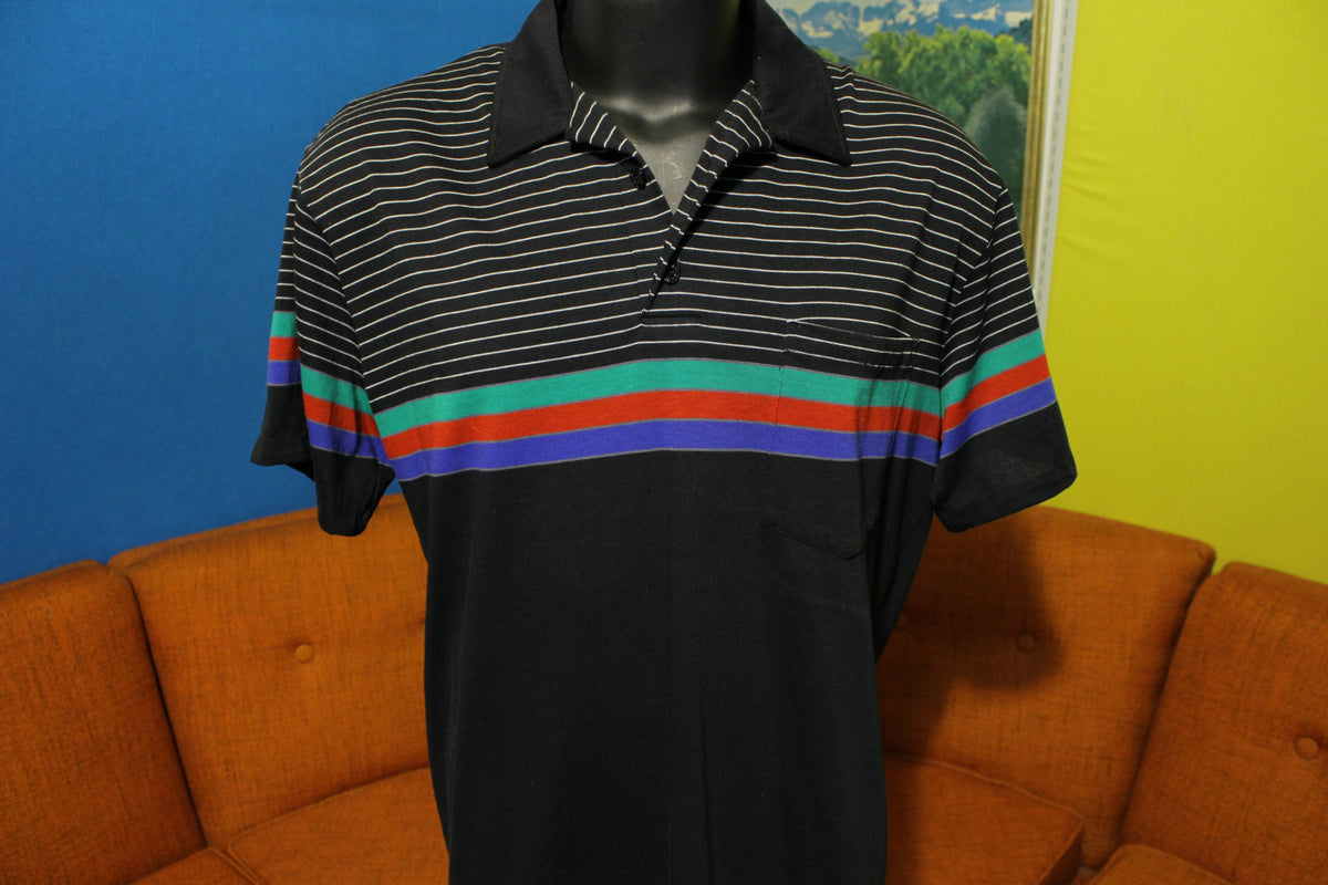Hobie Vintage 80's Surf Striped Black Polo Shirt. Short Sleeve