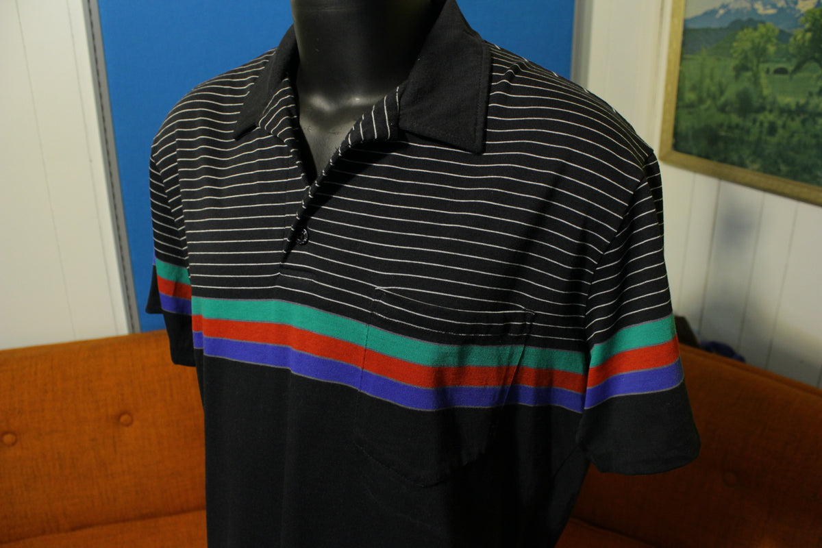 Hobie Vintage 80's Surf Striped Black Polo Shirt. Short Sleeve