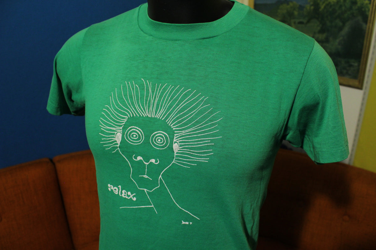 Relax Green Crazy Eyes Wired Hair 70's Vintage T-Shirt Soft Thin 50/50 Hanes Combed