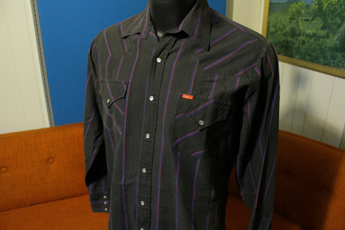 Ely Plains Pearl Snap Pin Striped Western Cowboy Vintage Long Sleeve Shirt.