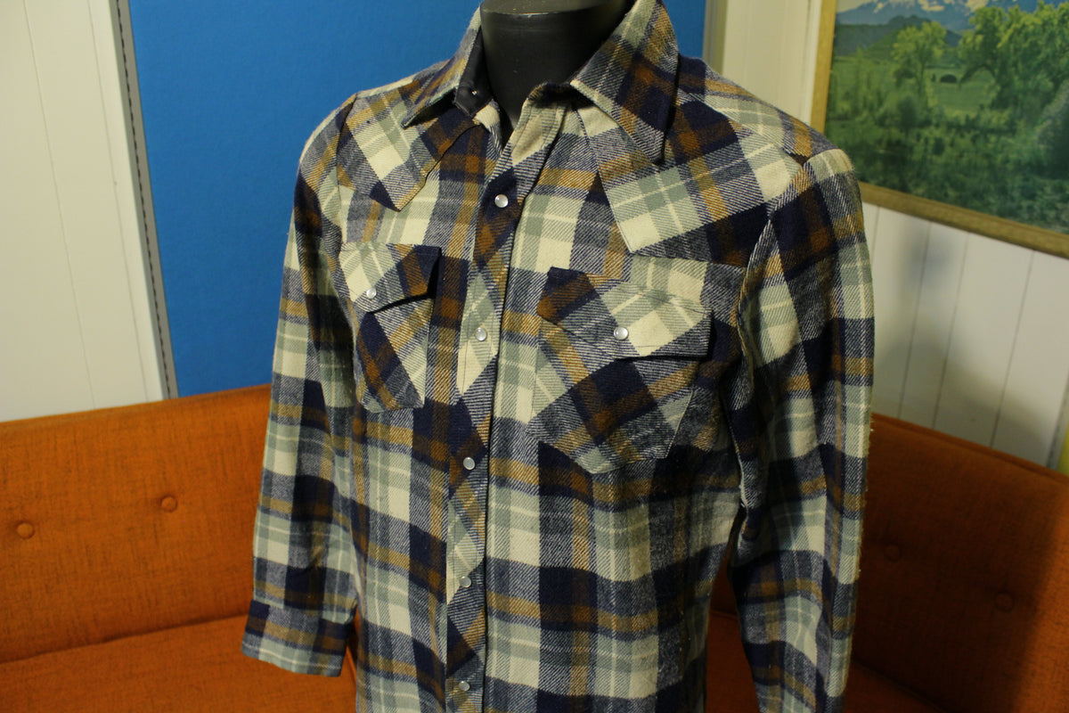Sears Pearl Snap Vintage Acrylic  Plaid Lumberjack Flannel Shirt Western 70s Cowboy