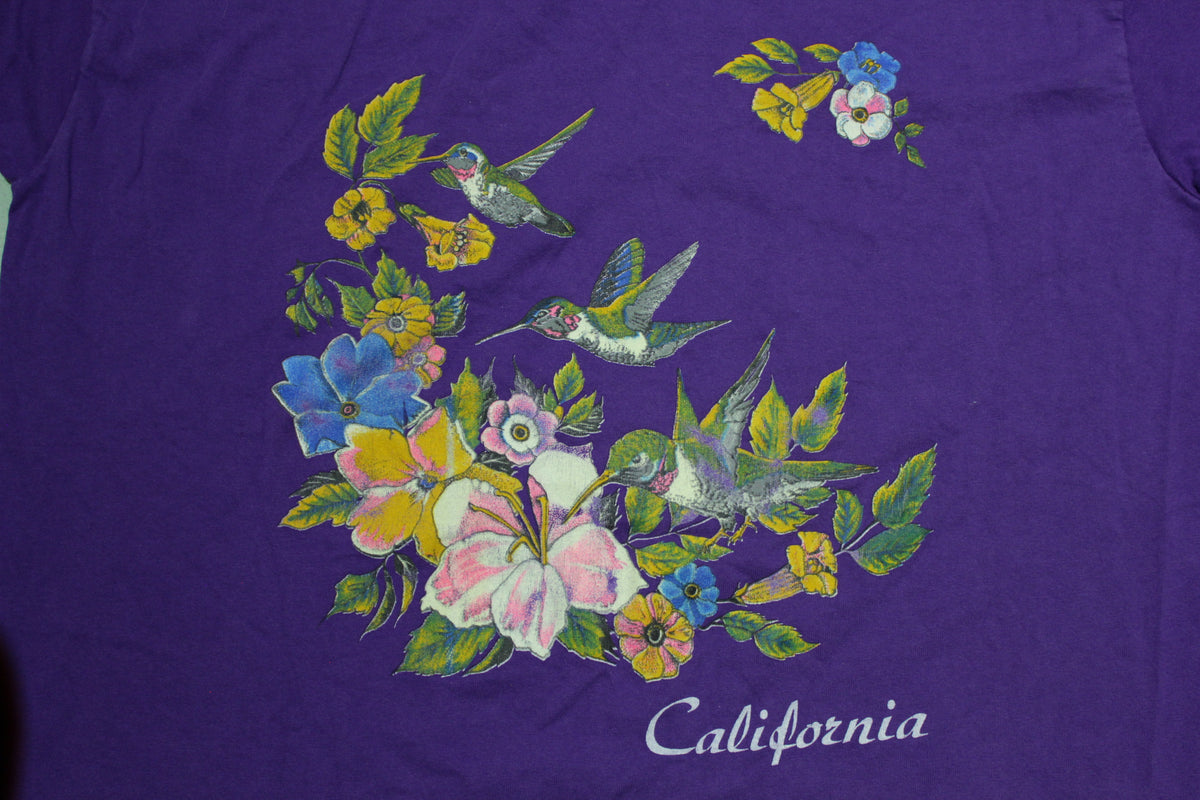 California Hummingbird Floral Print 90s Vintage Single Stitch USA T-Shirt