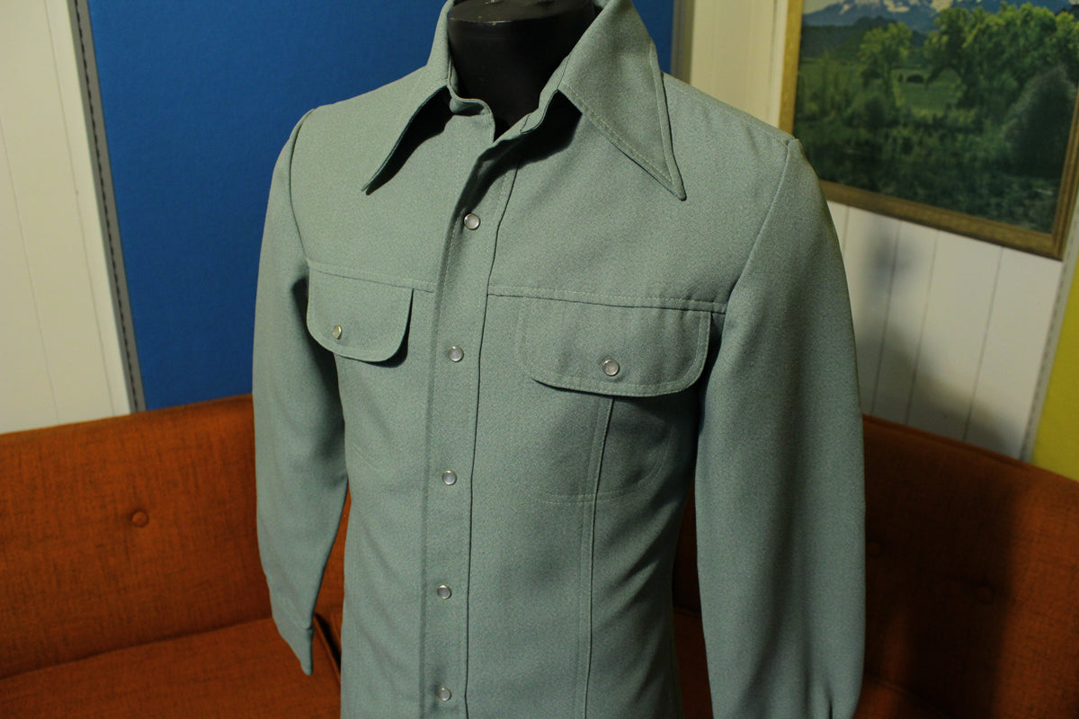 Silversmith Vtg Lined 60's Long Sleeve Pearl Snap Polyester Seafoam Green Shirt.