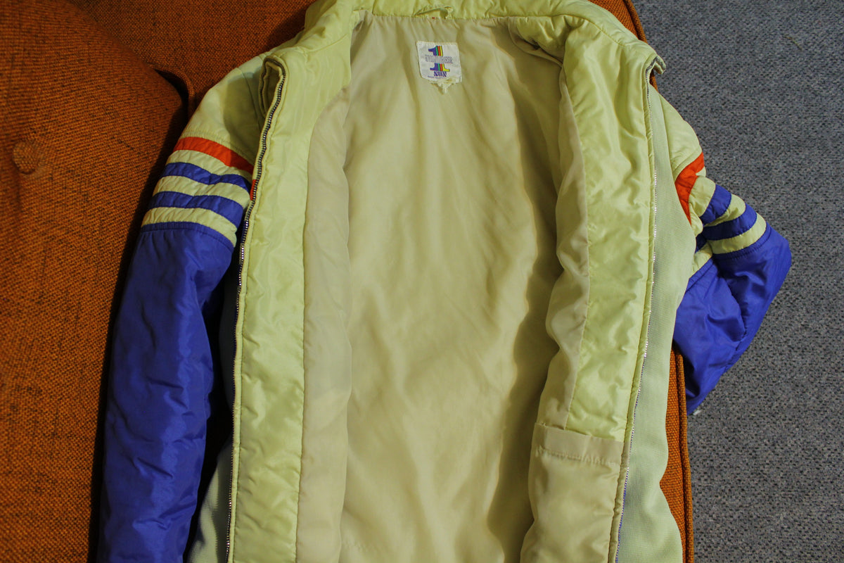 Number 1 Sun Vintage 80's Striped Puffer Ski Snowboarding Coat. Puffy Jacket.