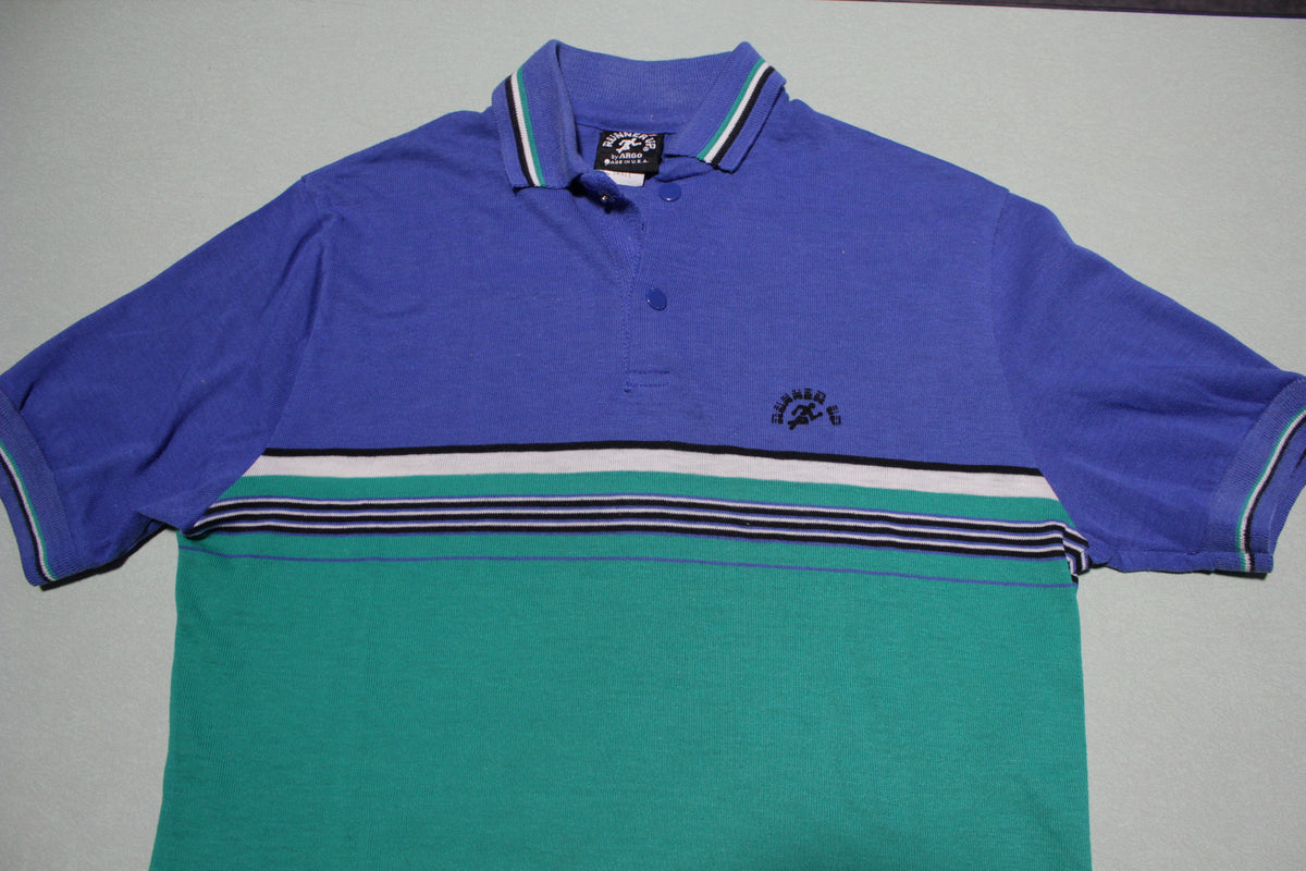 Runner Up 80's Vintage Blue Striped Polo Tennis Shirt Made in USA