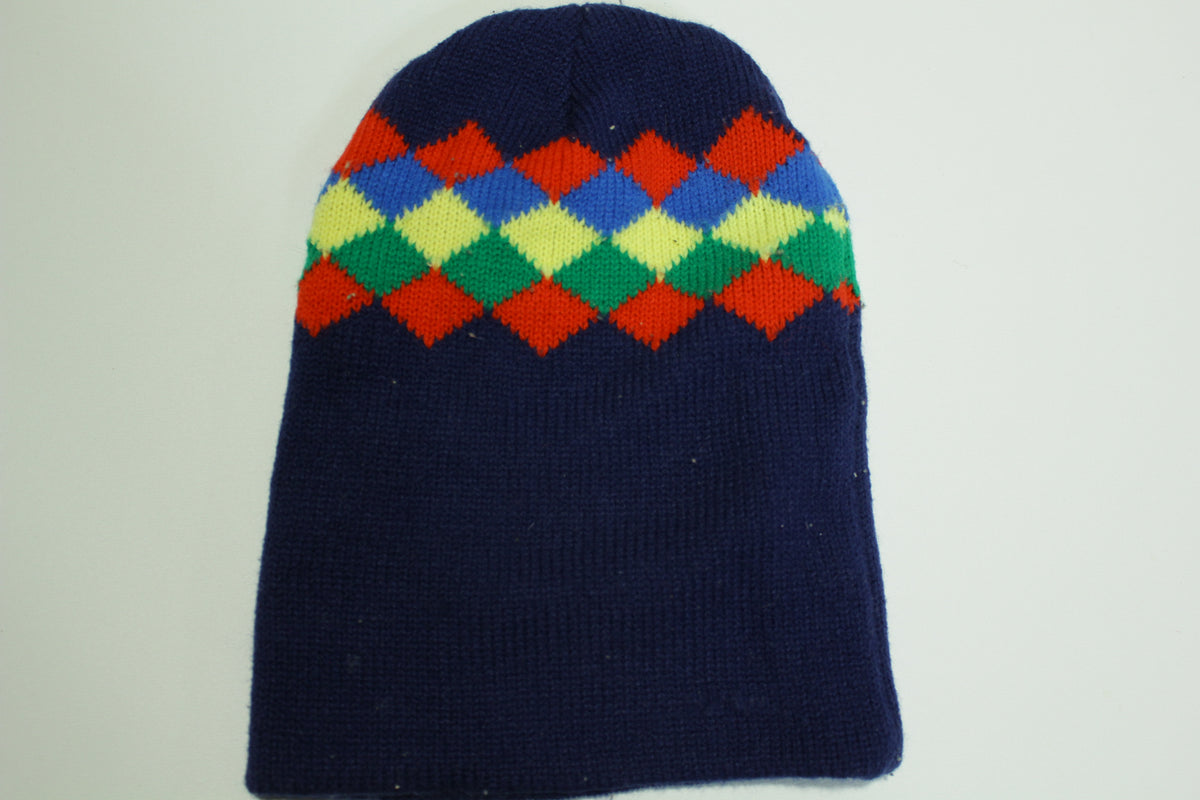 Argyle Knit Stocking Snow Cap Hat Beanie Vintage 1970's 1980's