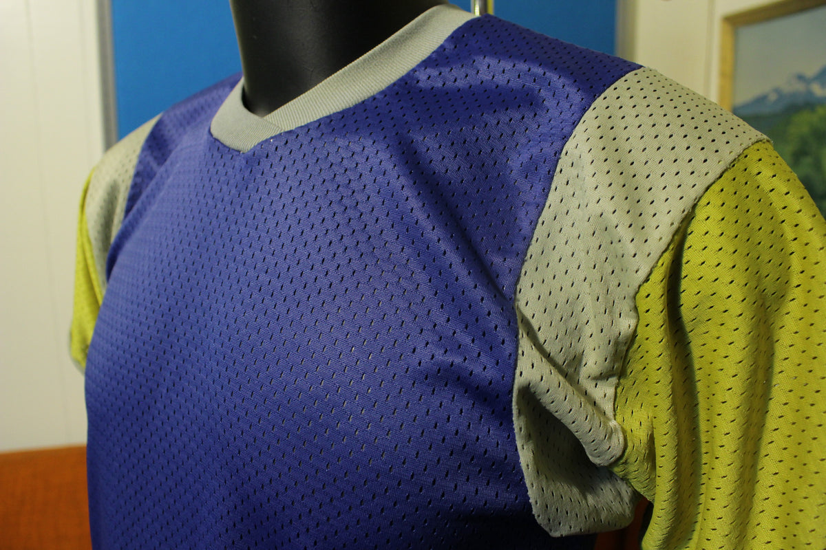 Mesh 70's Blue Yellow Jersey Short Sleeve Shirt. Sports Top.