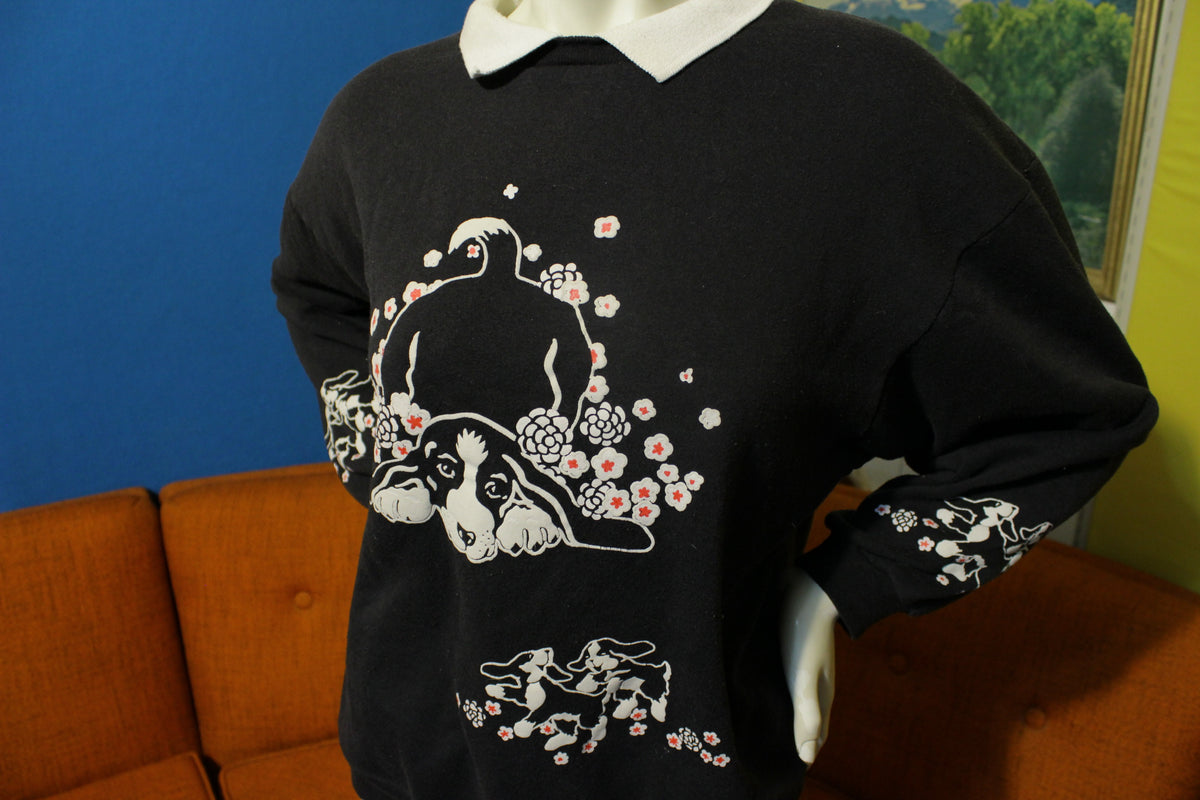 Dogs in Flowers  Vintage 80s Spumoni by Franko Collared Black Sweatshirt.