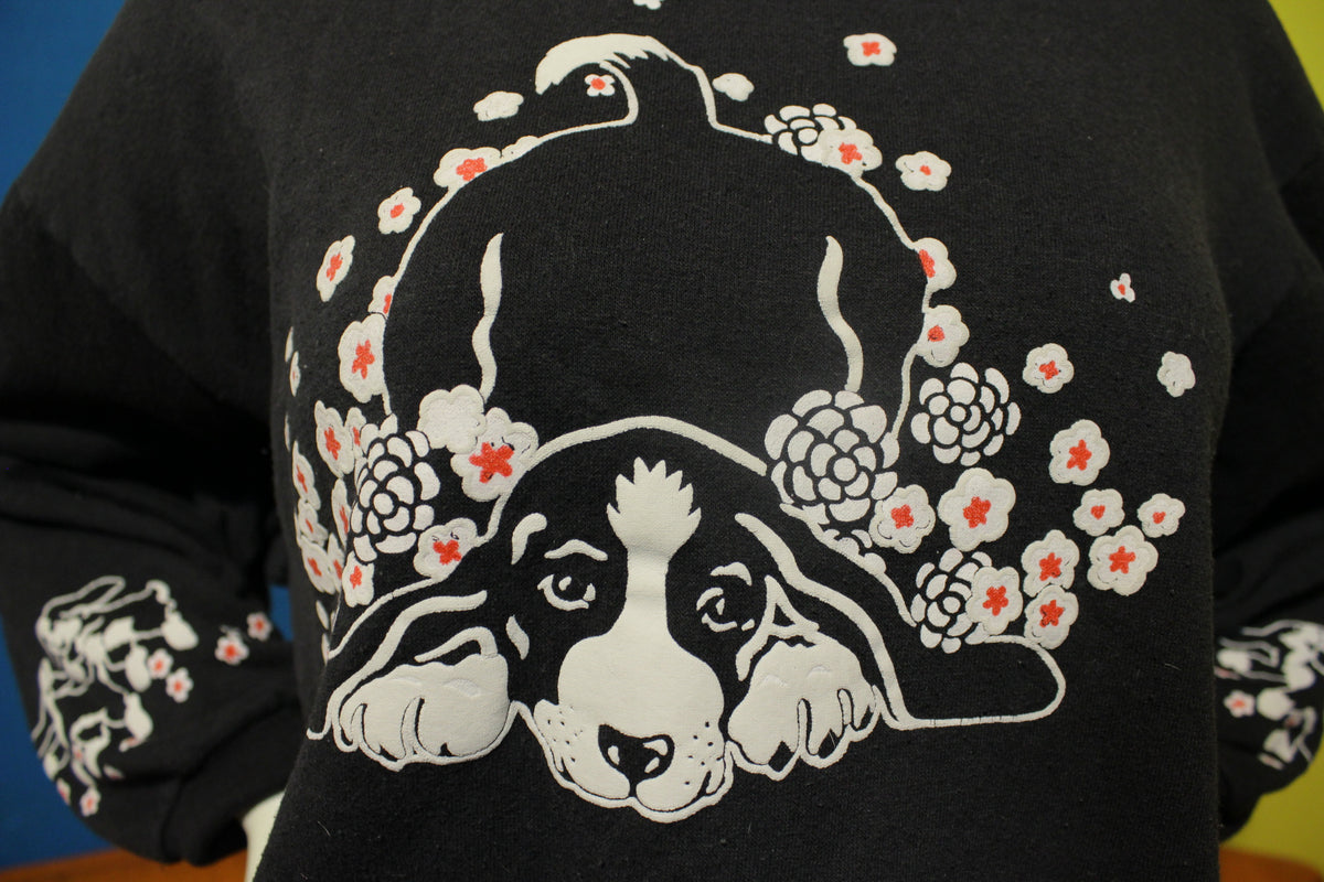 Dogs in Flowers  Vintage 80s Spumoni by Franko Collared Black Sweatshirt.
