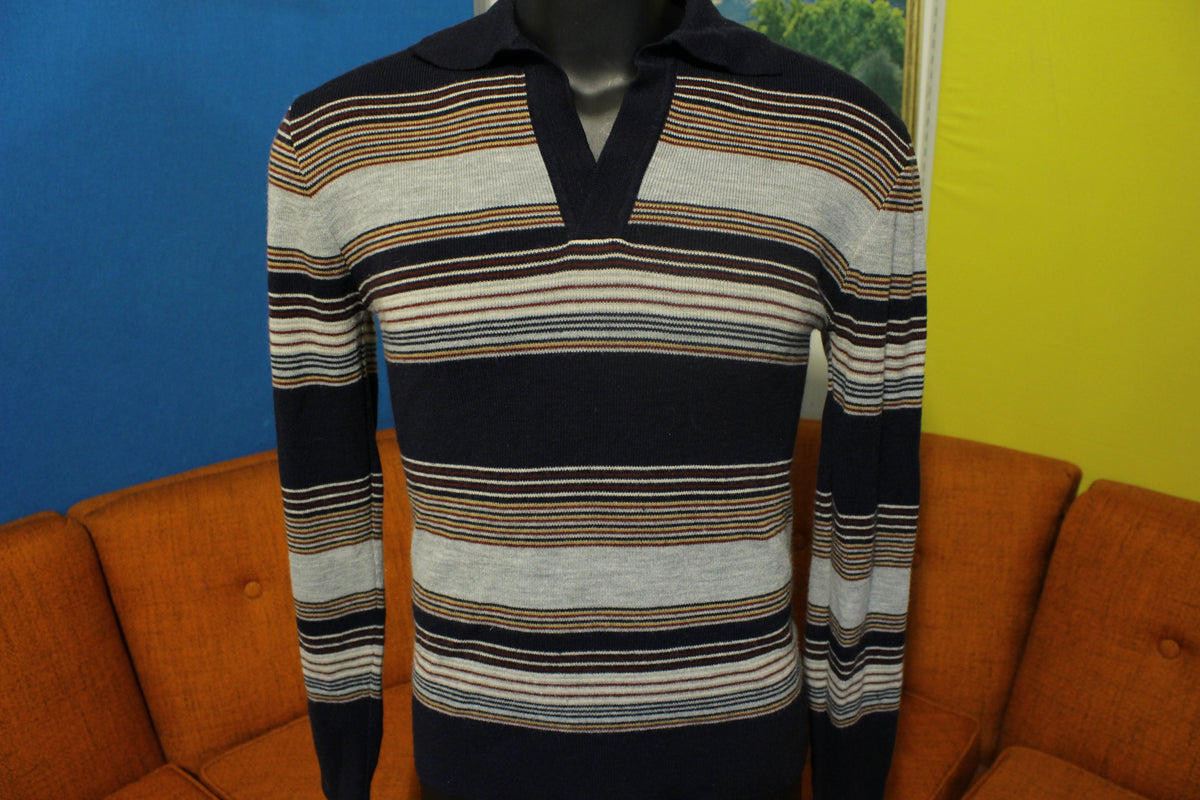 Landmark Striped Long Sleeve Polo Shirt Vintage 80's Stranger Things Acrylic