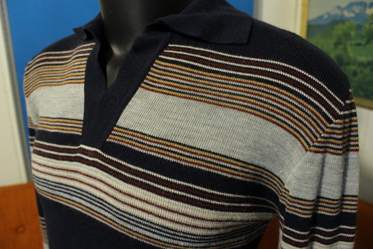 Landmark Striped Long Sleeve Polo Shirt Vintage 80's Stranger Things Acrylic
